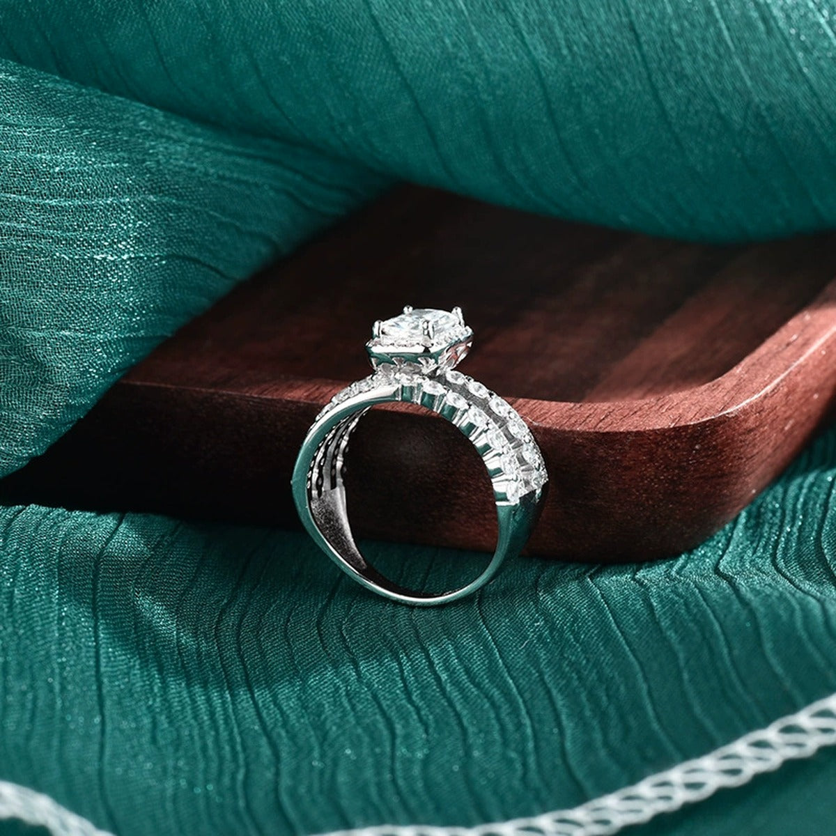 Three-Row Radiant Cut Moissanite Engagement Ring with CZ close-up detail view with moissanite sparkle