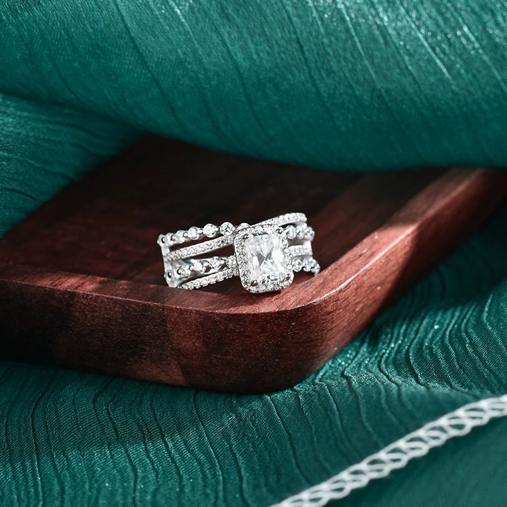 Three-Row Radiant Cut Moissanite Engagement Ring with CZ close-up detail view with moissanite sparkle