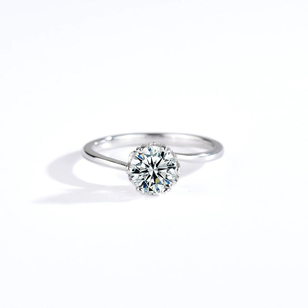 Six-Prong Round Moissanite Solitaire Engagement Ring in white gold-plated S925 sterling silver on clean white background