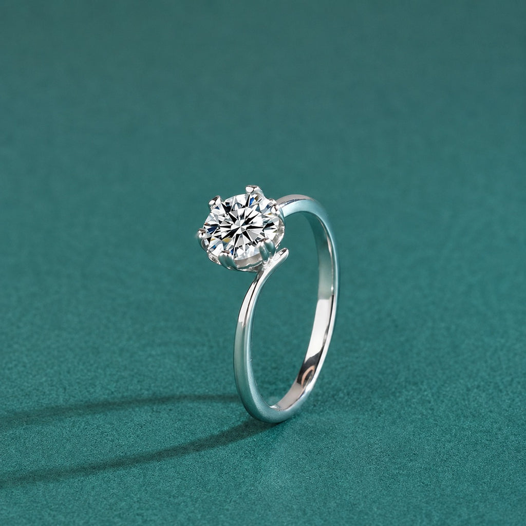 Six-Prong Round Moissanite Solitaire Engagement Ring close-up detail view with moissanite sparkle