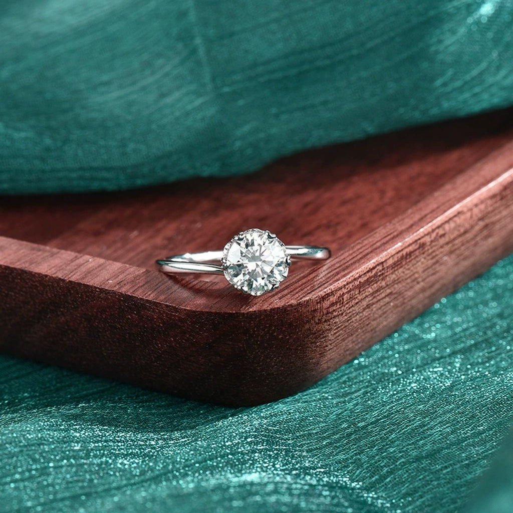 Six-Prong Round Moissanite Solitaire Engagement Ring close-up detail view with moissanite sparkle