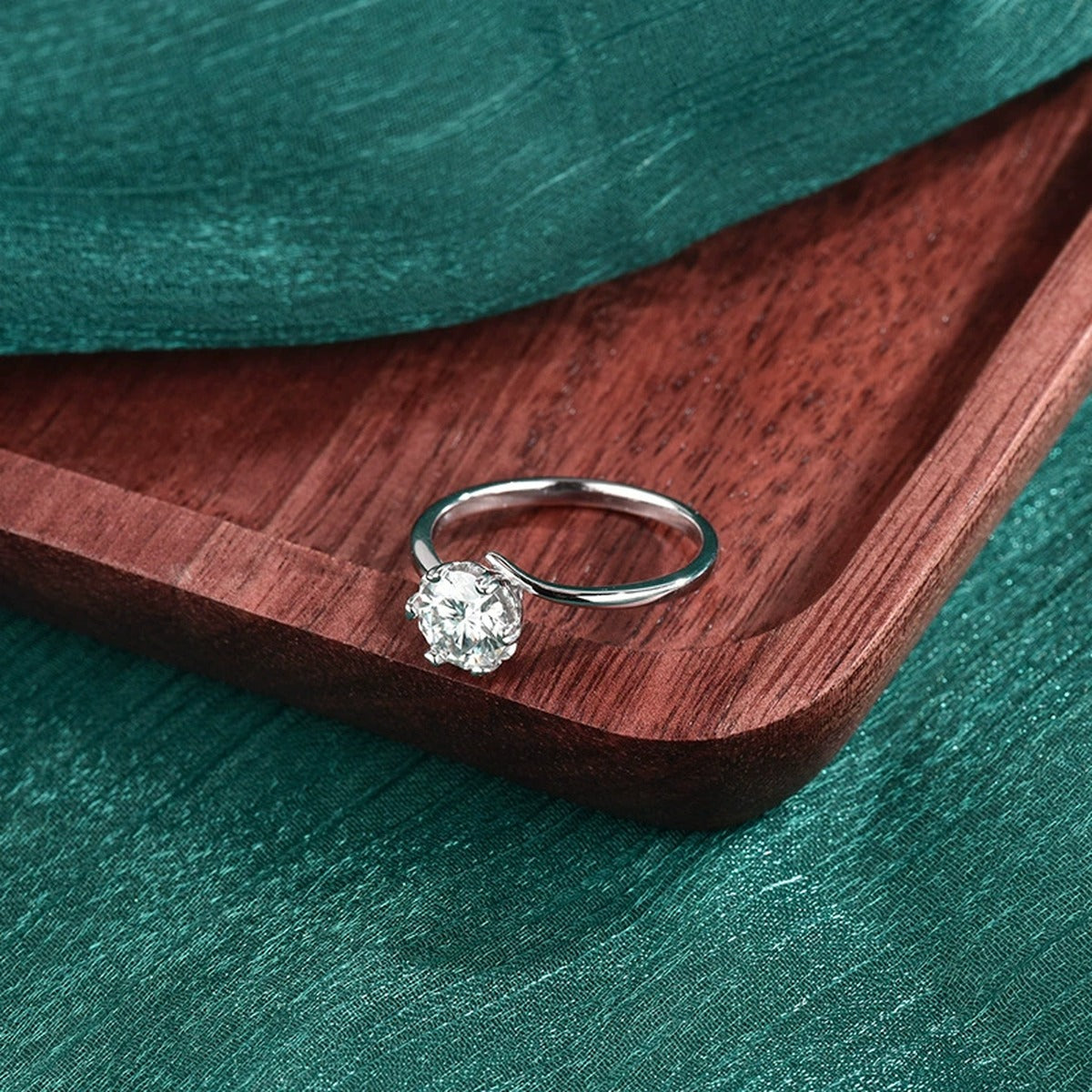 Six-Prong Round Moissanite Solitaire Engagement Ring close-up detail view with moissanite sparkle