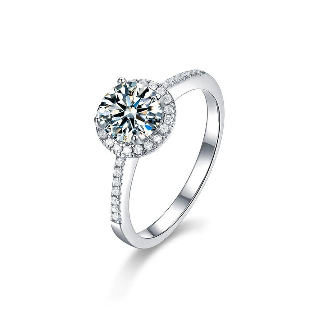 Round Moissanite Halo Engagement Ring with CZ in white gold-plated S925 sterling silver on clean white background