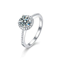 Round Moissanite Halo Engagement Ring with CZ in white gold-plated S925 sterling silver on clean white background