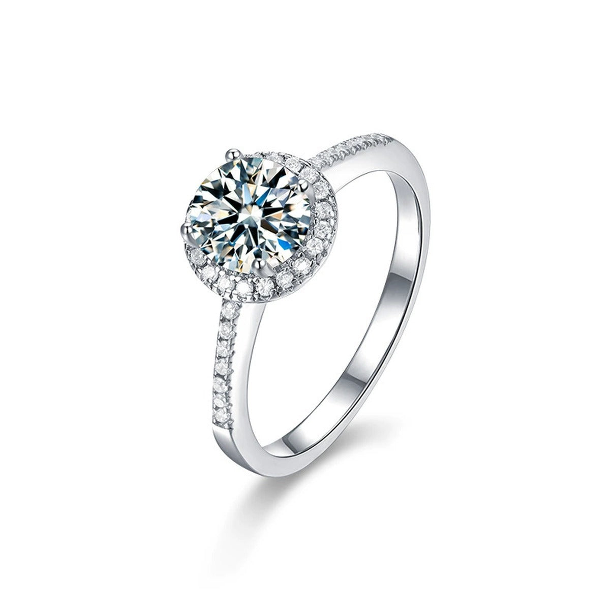 Round Moissanite Halo Engagement Ring with CZ in white gold-plated S925 sterling silver on clean white background