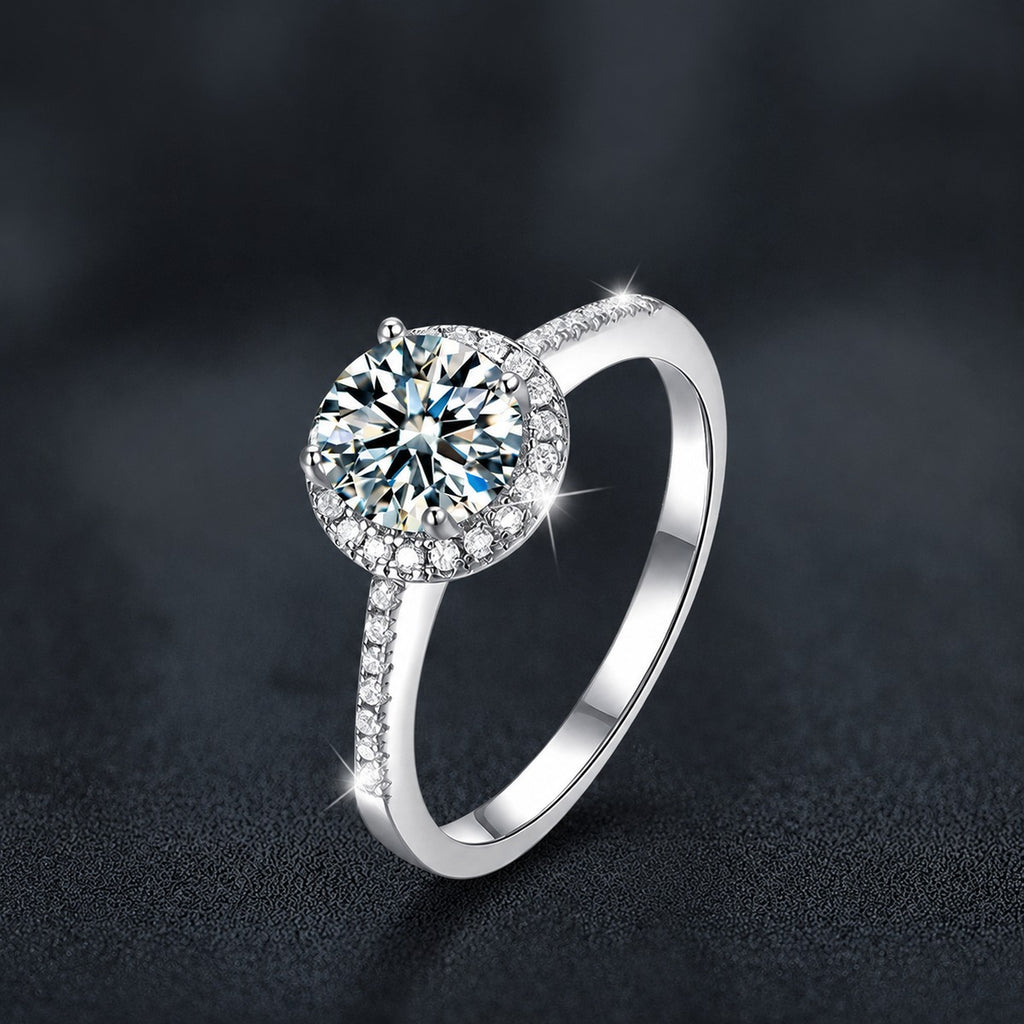 Round Moissanite Halo Engagement Ring with CZ close-up detail view with moissanite sparkle