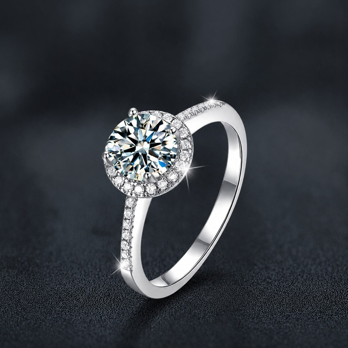Round Moissanite Halo Engagement Ring with CZ close-up detail view with moissanite sparkle