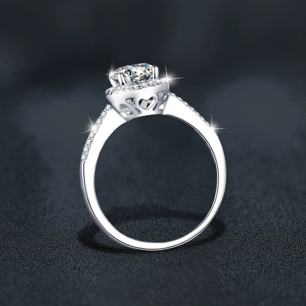 Round Moissanite Halo Engagement Ring with CZ close-up detail view with moissanite sparkle