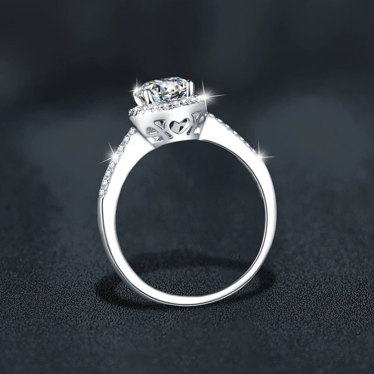 Round Moissanite Halo Engagement Ring with CZ close-up detail view with moissanite sparkle