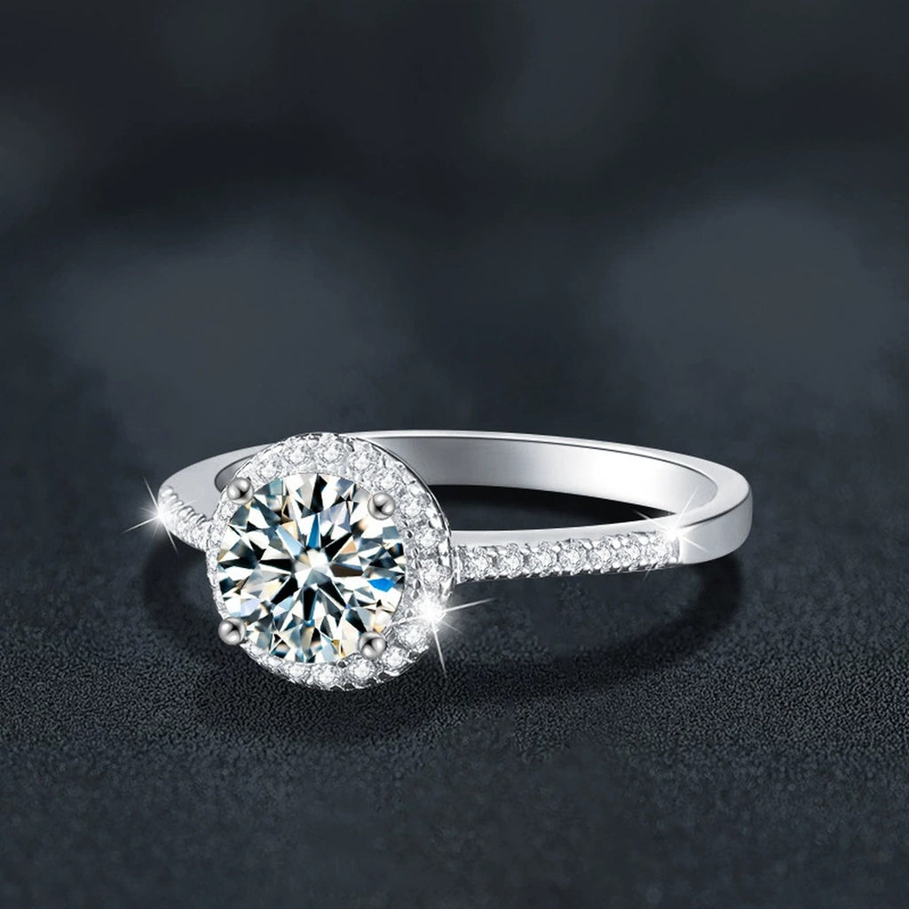 Round Moissanite Halo Engagement Ring with CZ close-up detail view with moissanite sparkle