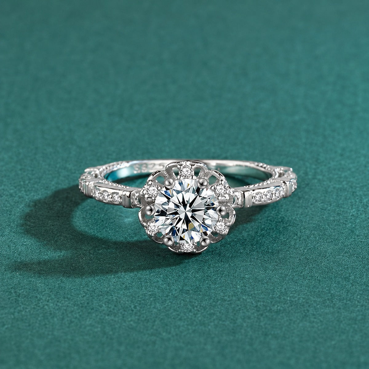 Vintage Six-Prong Round Moissanite Engagement Ring with CZ close-up detail view with moissanite sparkle