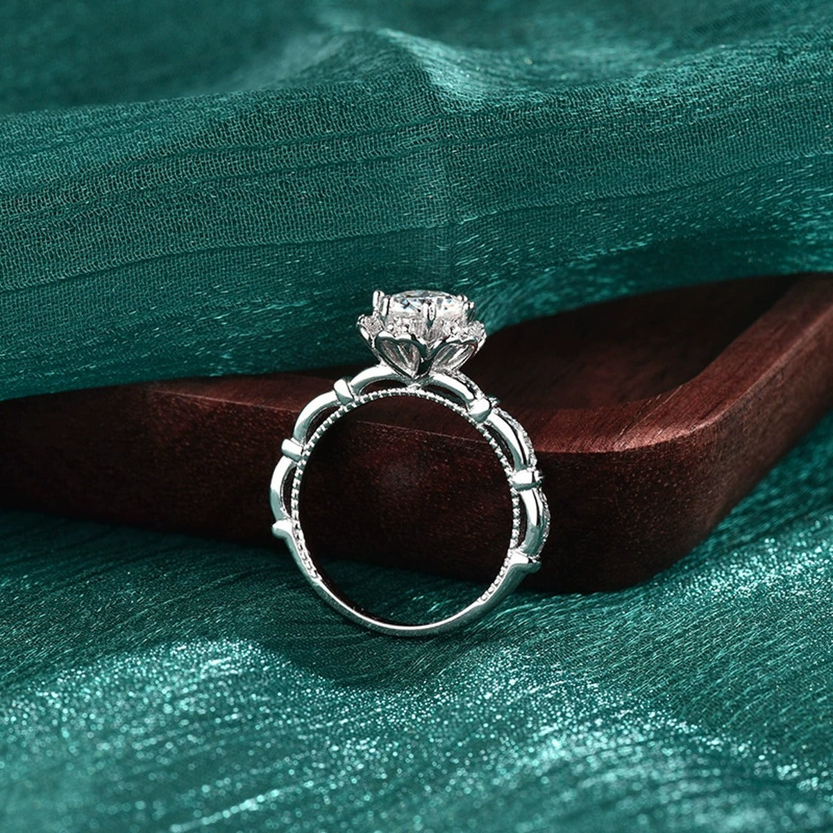 Vintage Six-Prong Round Moissanite Engagement Ring with CZ close-up detail view with moissanite sparkle