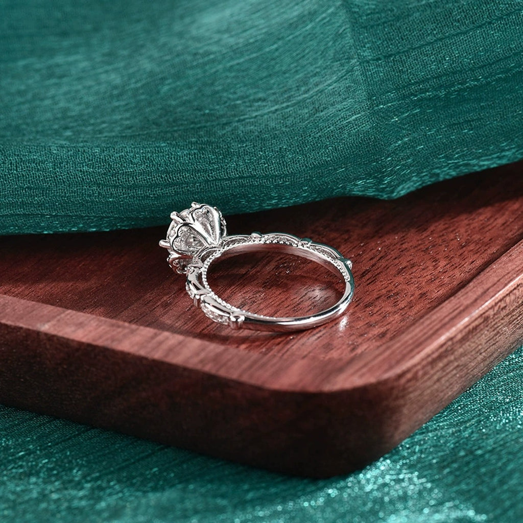 Vintage Six-Prong Round Moissanite Engagement Ring with CZ close-up detail view with moissanite sparkle