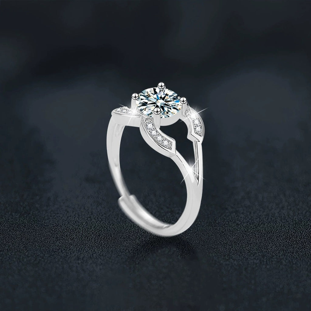 Four-Prong Round Moissanite Adjustable Engagement Ring with CZ close-up detail view with moissanite sparkle