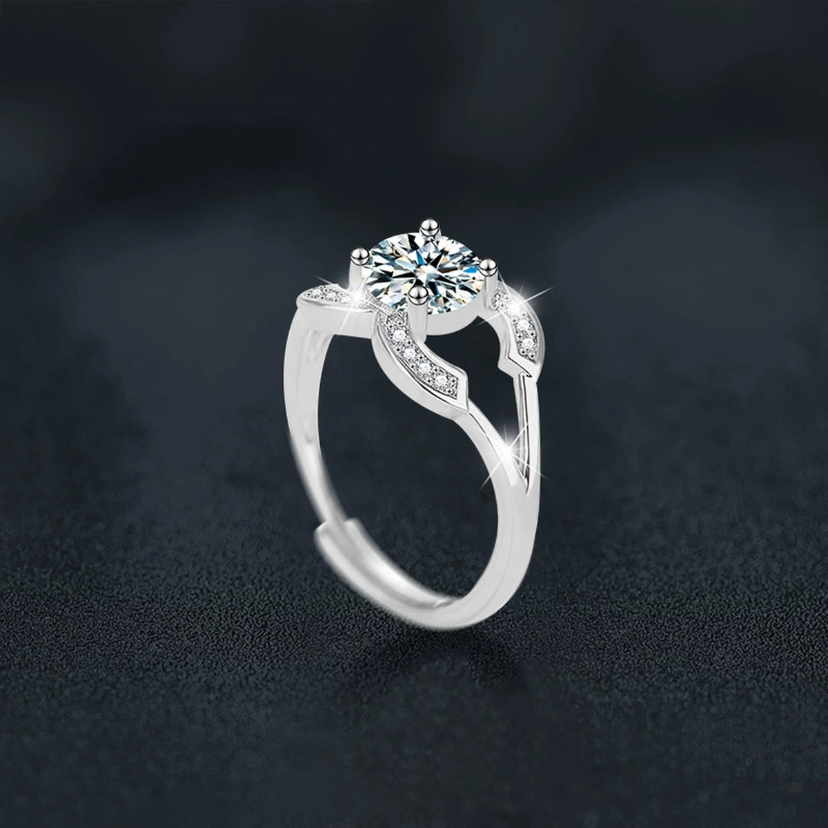 Four-Prong Round Moissanite Adjustable Engagement Ring with CZ close-up detail view with moissanite sparkle