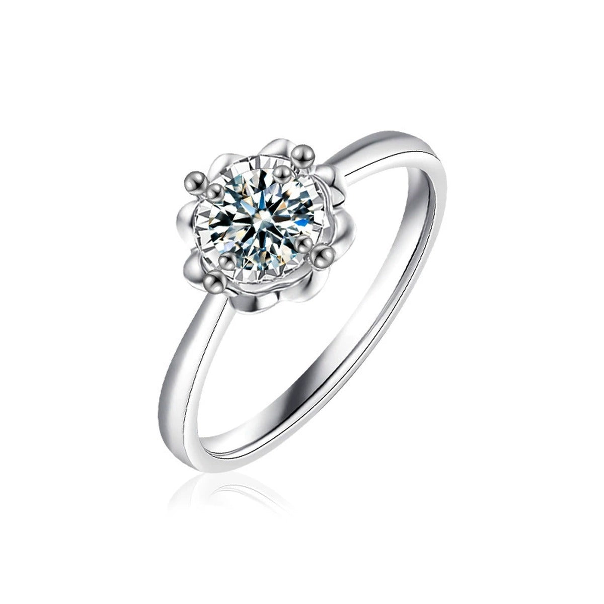 Floral Round Moissanite Engagement Ring in white gold-plated S925 sterling silver on clean white background