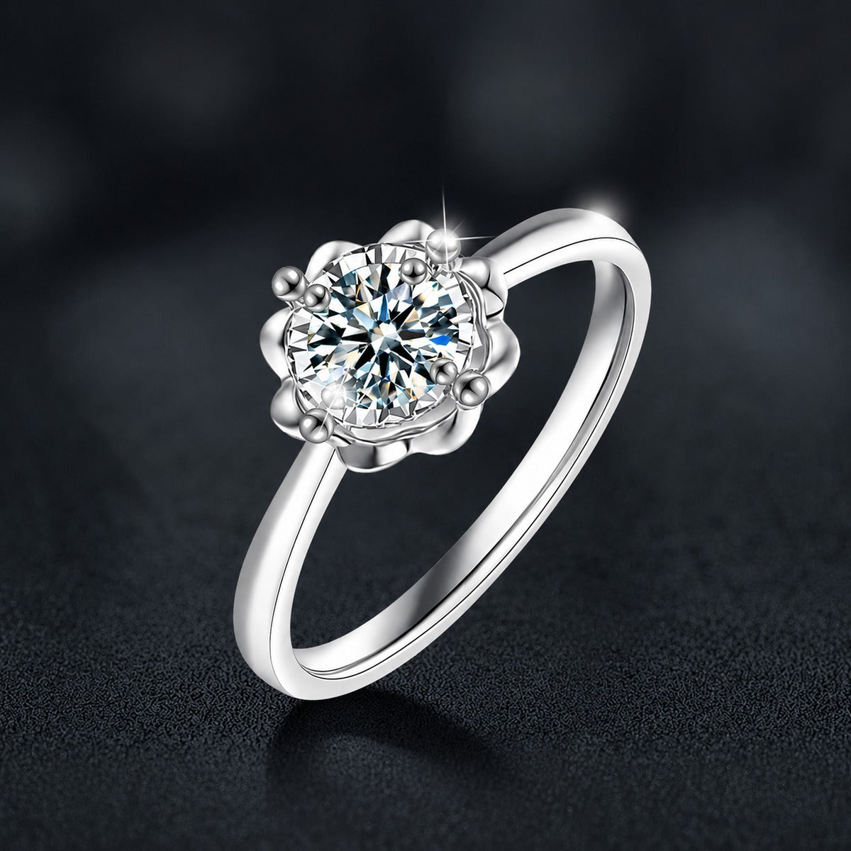 Floral Round Moissanite Engagement Ring close-up detail view with moissanite sparkle