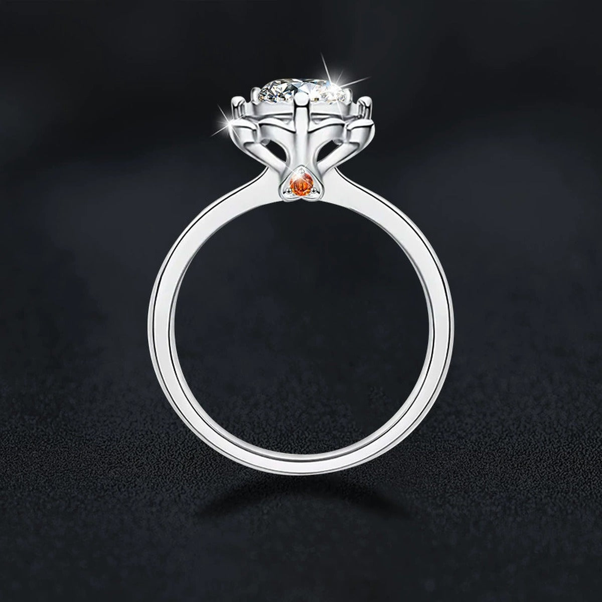 Floral Round Moissanite Engagement Ring close-up detail view with moissanite sparkle