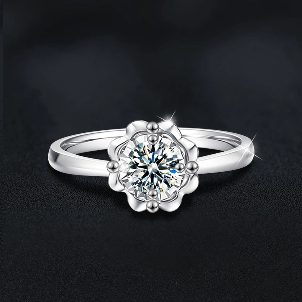 Floral Round Moissanite Engagement Ring close-up detail view with moissanite sparkle