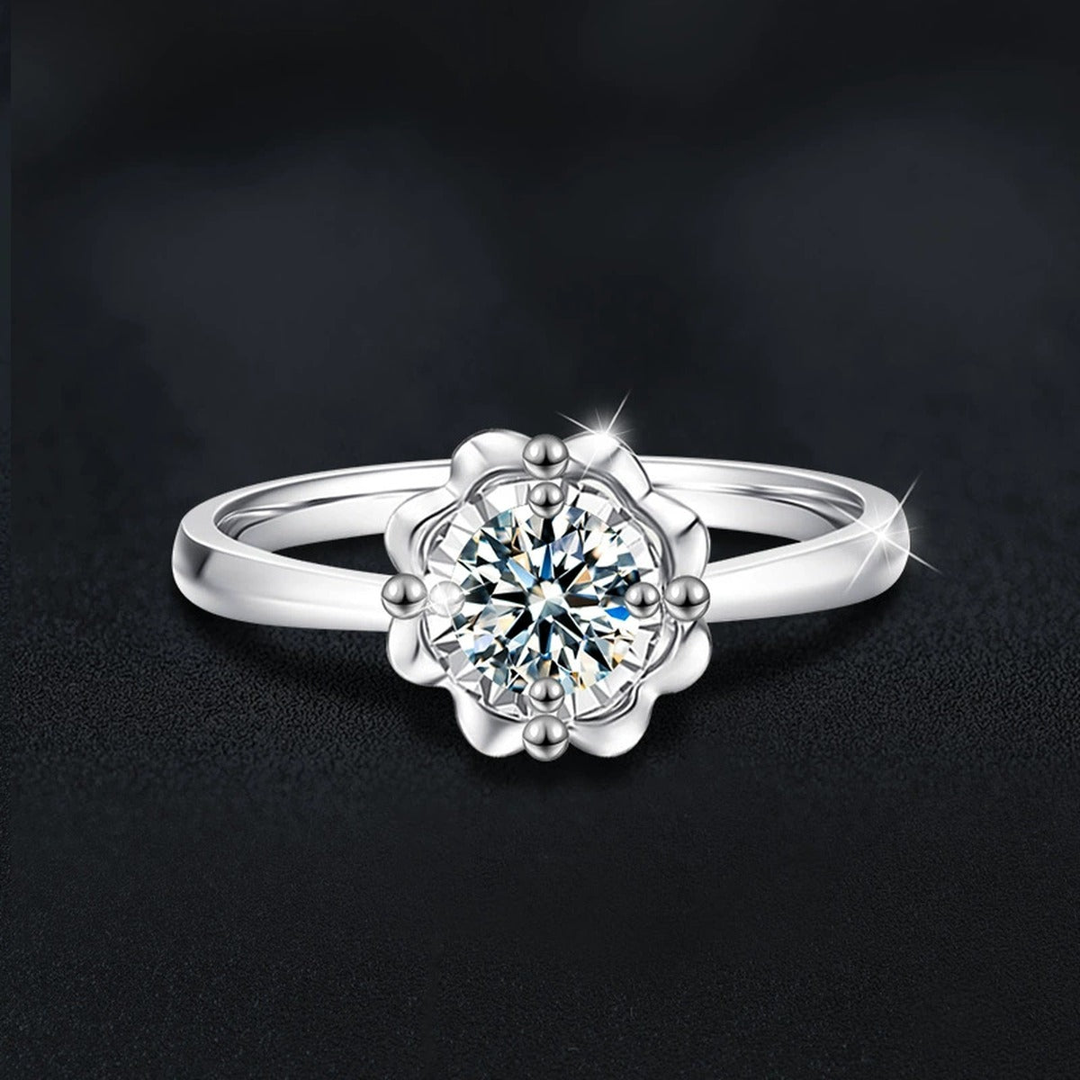 Floral Round Moissanite Engagement Ring close-up detail view with moissanite sparkle