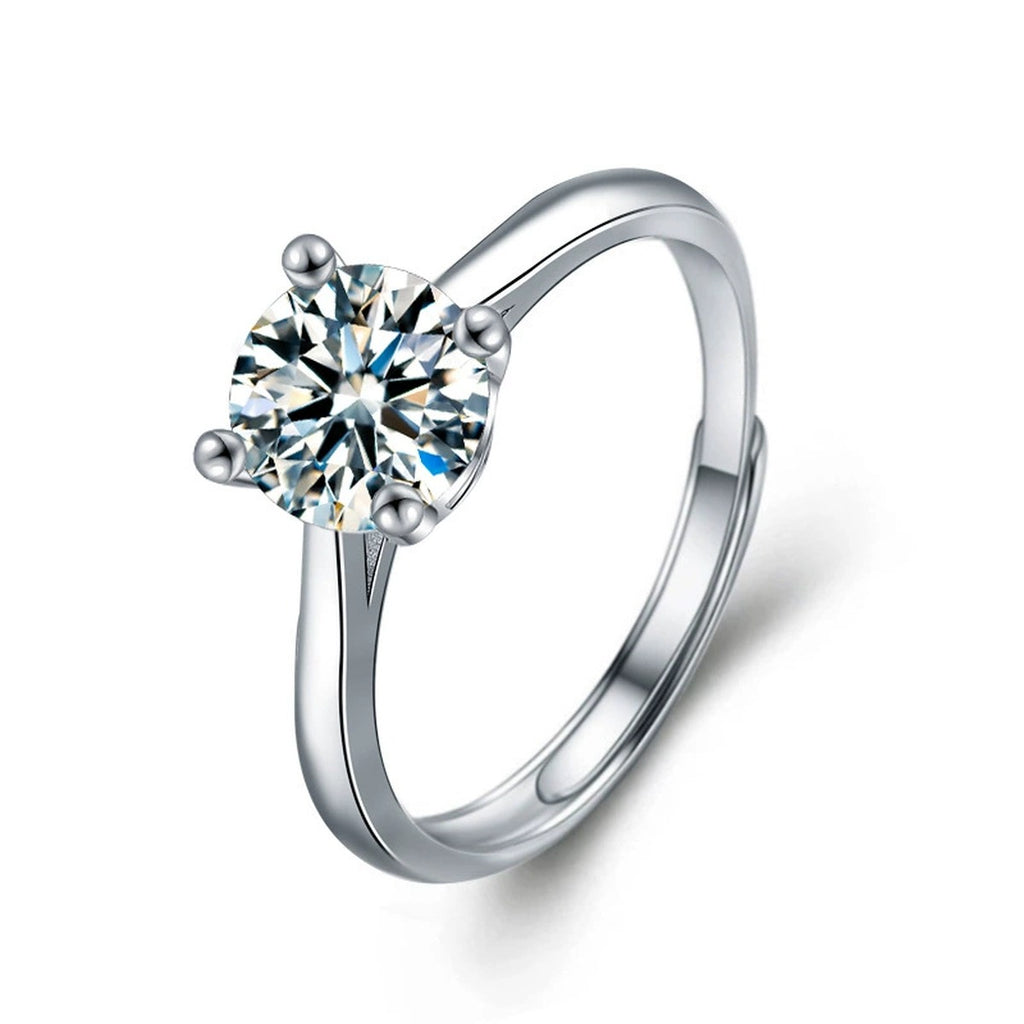 Four-Prong Round Moissanite Adjustable Solitaire Engagement Ring in white gold-plated S925 sterling silver on clean white background