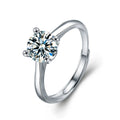 Four-Prong Round Moissanite Adjustable Solitaire Engagement Ring in white gold-plated S925 sterling silver on clean white background