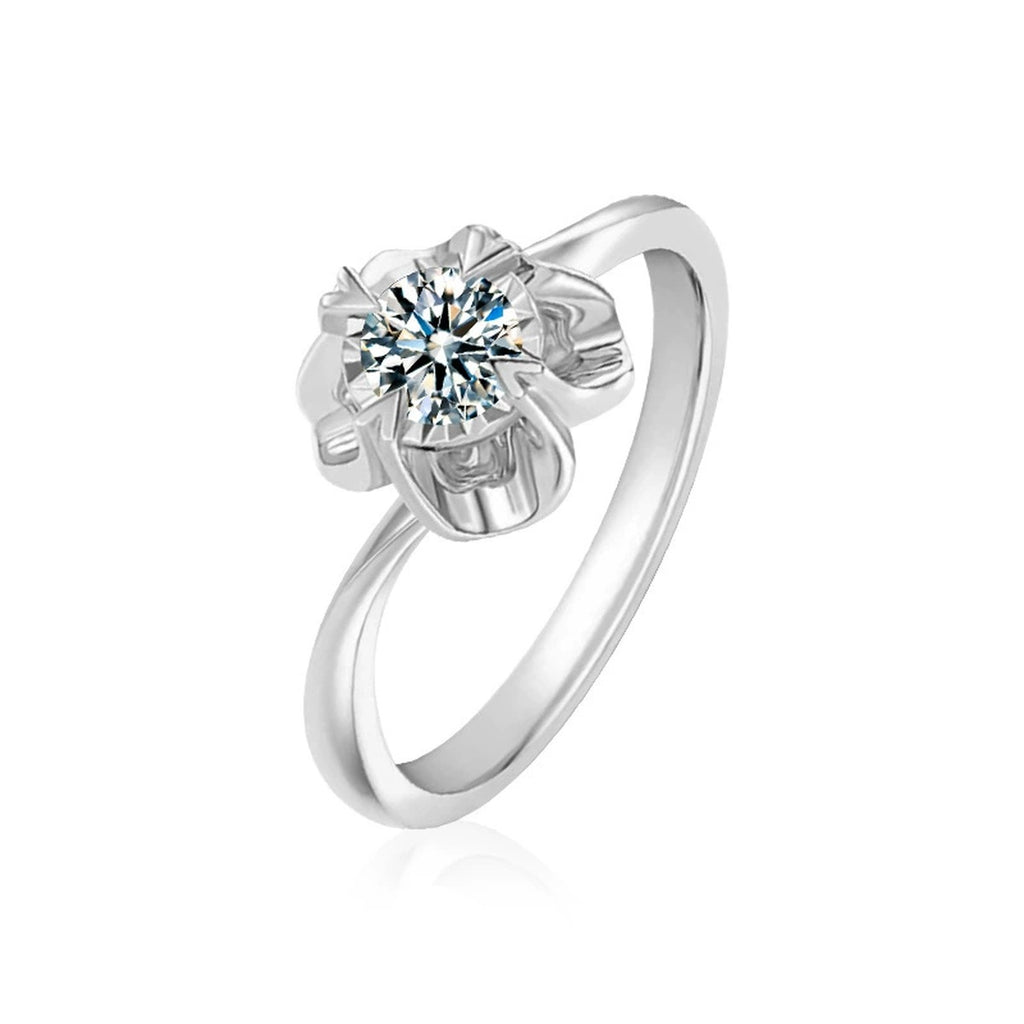 Floral Round Moissanite Engagement Ring in white gold-plated S925 sterling silver on clean white background