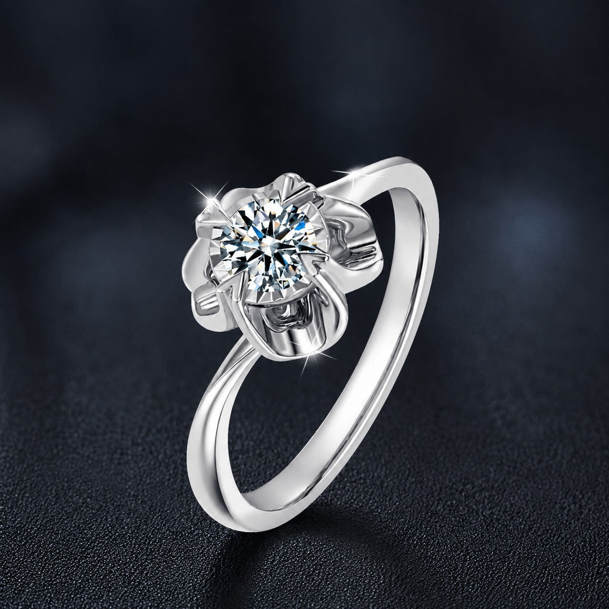 Floral Round Moissanite Engagement Ring close-up detail view with moissanite sparkle