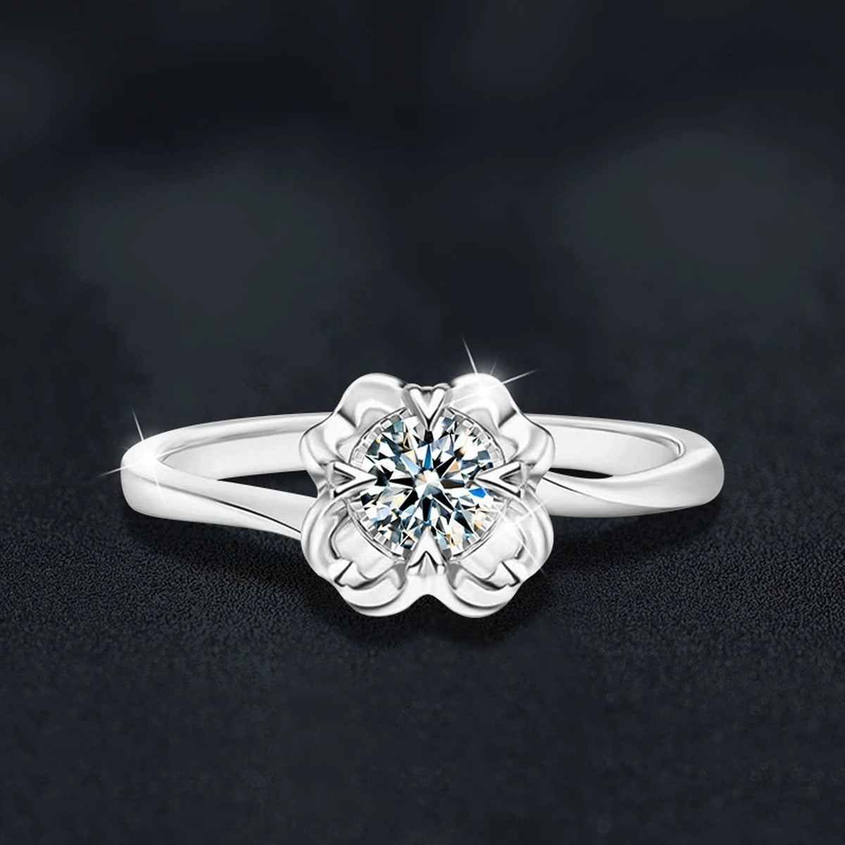 Floral Round Moissanite Engagement Ring close-up detail view with moissanite sparkle