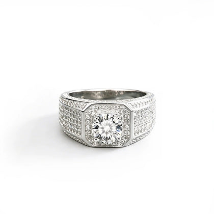 Wide Pave Round Moissanite Men's Wedding Band with CZ in white gold-plated S925 sterling silver on clean white background