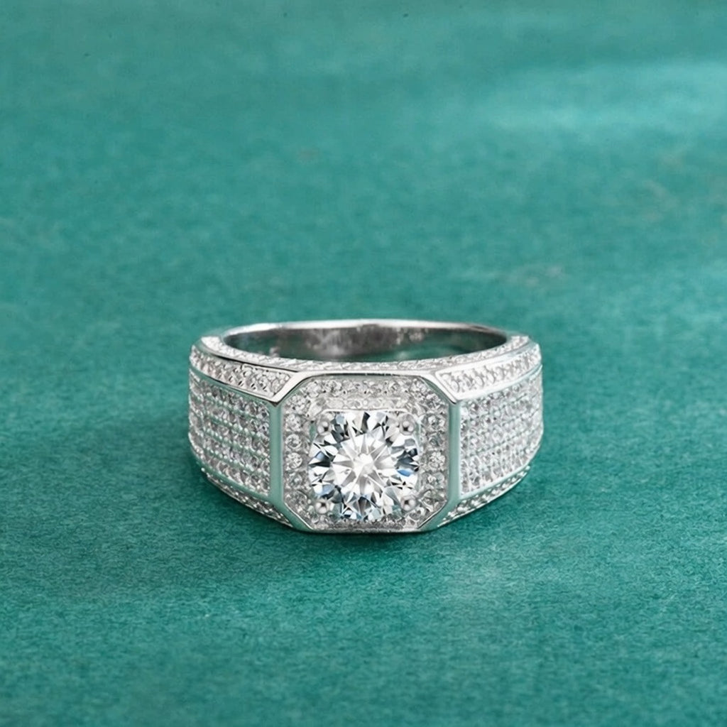 Wide Pave Round Moissanite Men's Wedding Band with CZ close-up detail view with moissanite sparkle