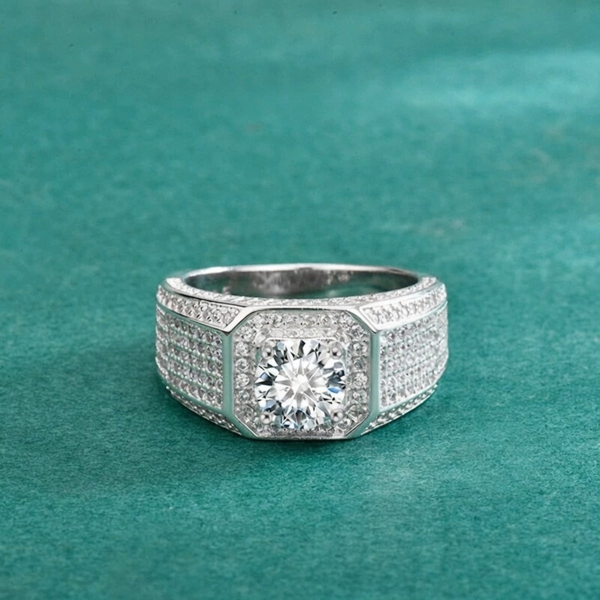 Wide Pave Round Moissanite Men's Wedding Band with CZ close-up detail view with moissanite sparkle
