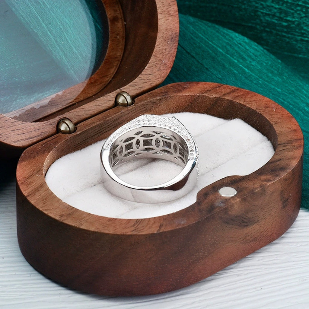 Wide Pave Round Moissanite Men's Wedding Band with CZ close-up detail view with moissanite sparkle