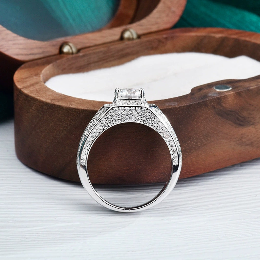 Wide Pave Round Moissanite Men's Wedding Band with CZ close-up detail view with moissanite sparkle