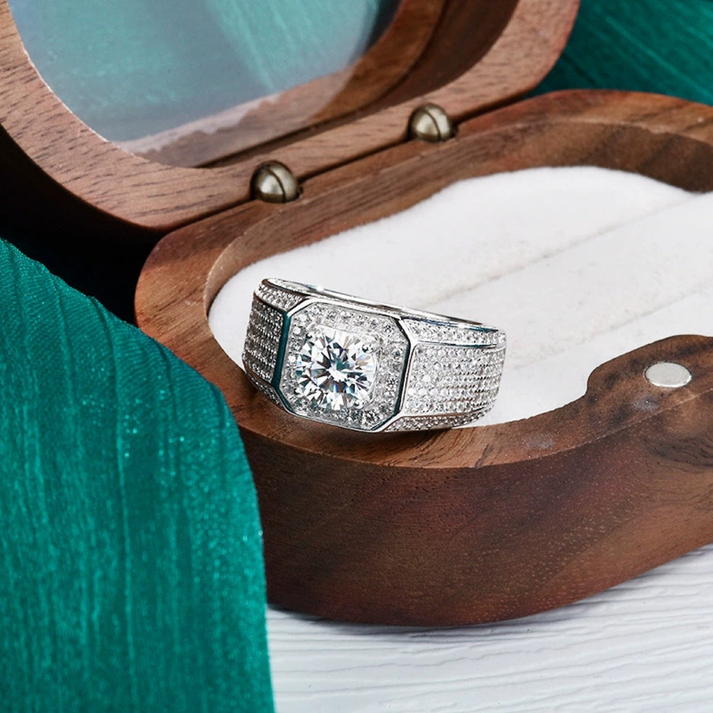 Wide Pave Round Moissanite Men's Wedding Band with CZ close-up detail view with moissanite sparkle