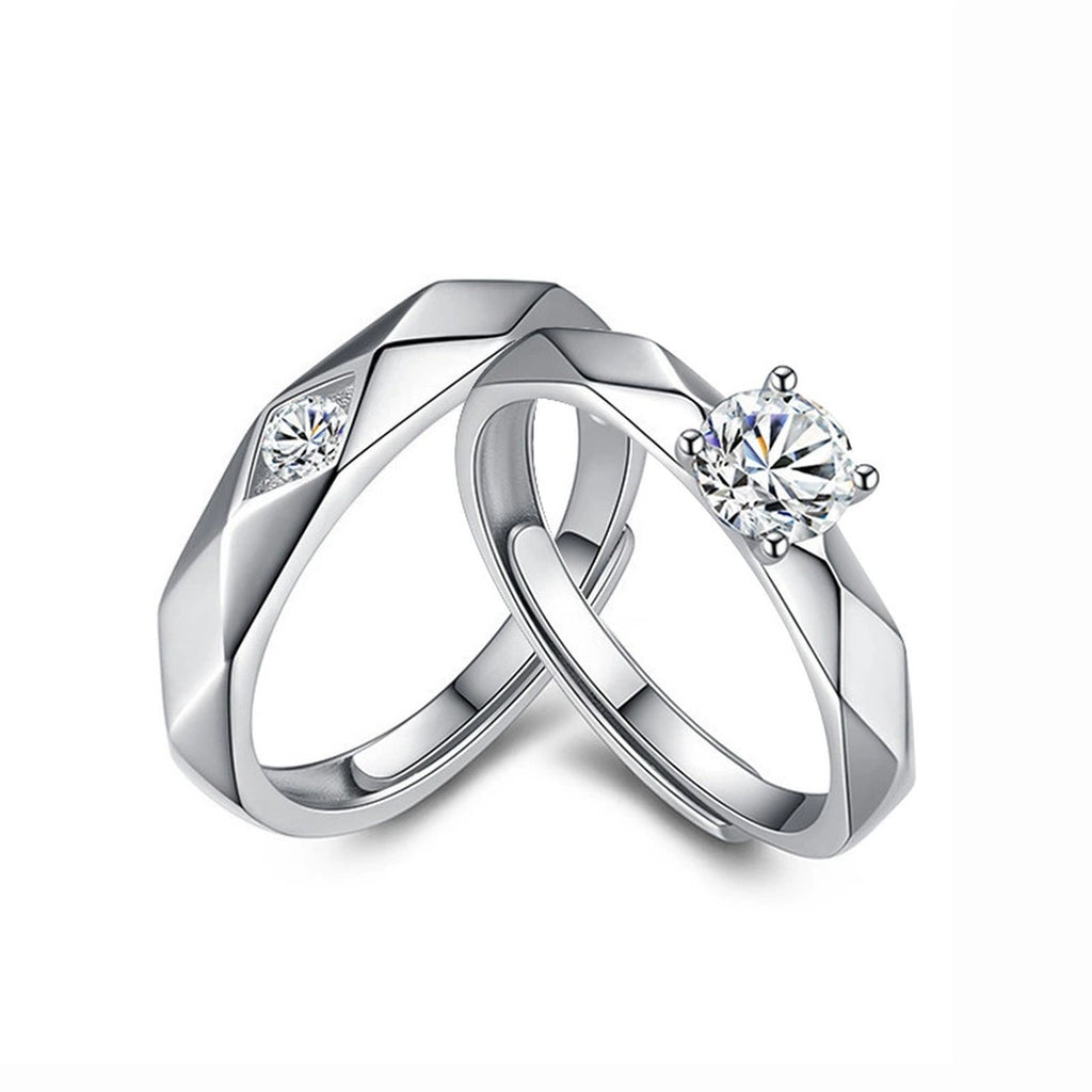 Round Moissanite Couples Wedding Rings in white gold-plated S925 sterling silver on clean white background