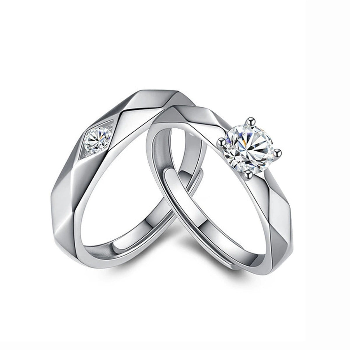 Round Moissanite Couples Wedding Rings in white gold-plated S925 sterling silver on clean white background