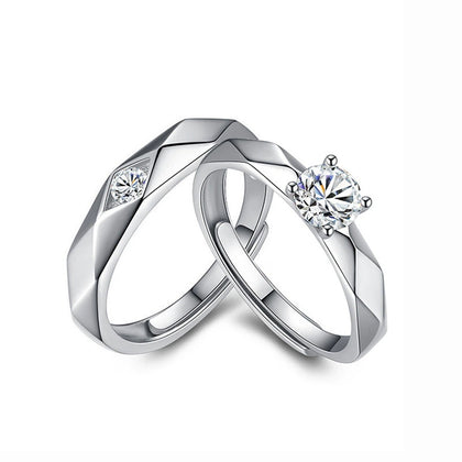 Round Moissanite Couples Wedding Rings in white gold-plated S925 sterling silver on clean white background