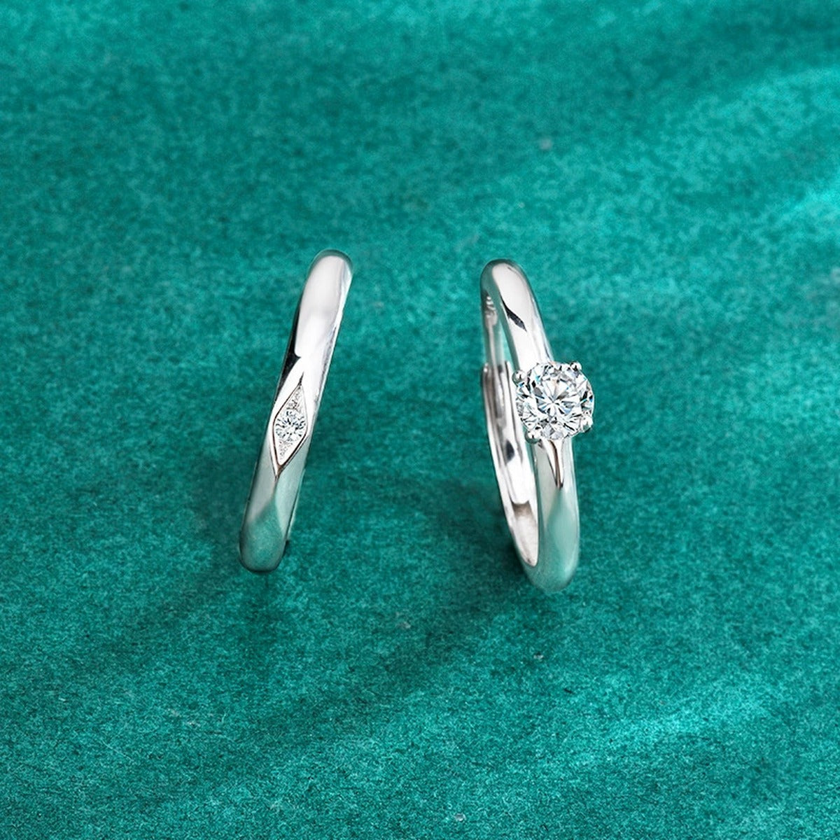 Round Moissanite Couples Wedding Rings product view showing moissanite setting and metal finish