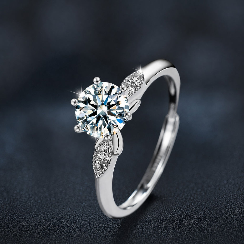 Six-Prong Round Moissanite Adjustable Engagement Ring with CZ close-up detail view with moissanite sparkle