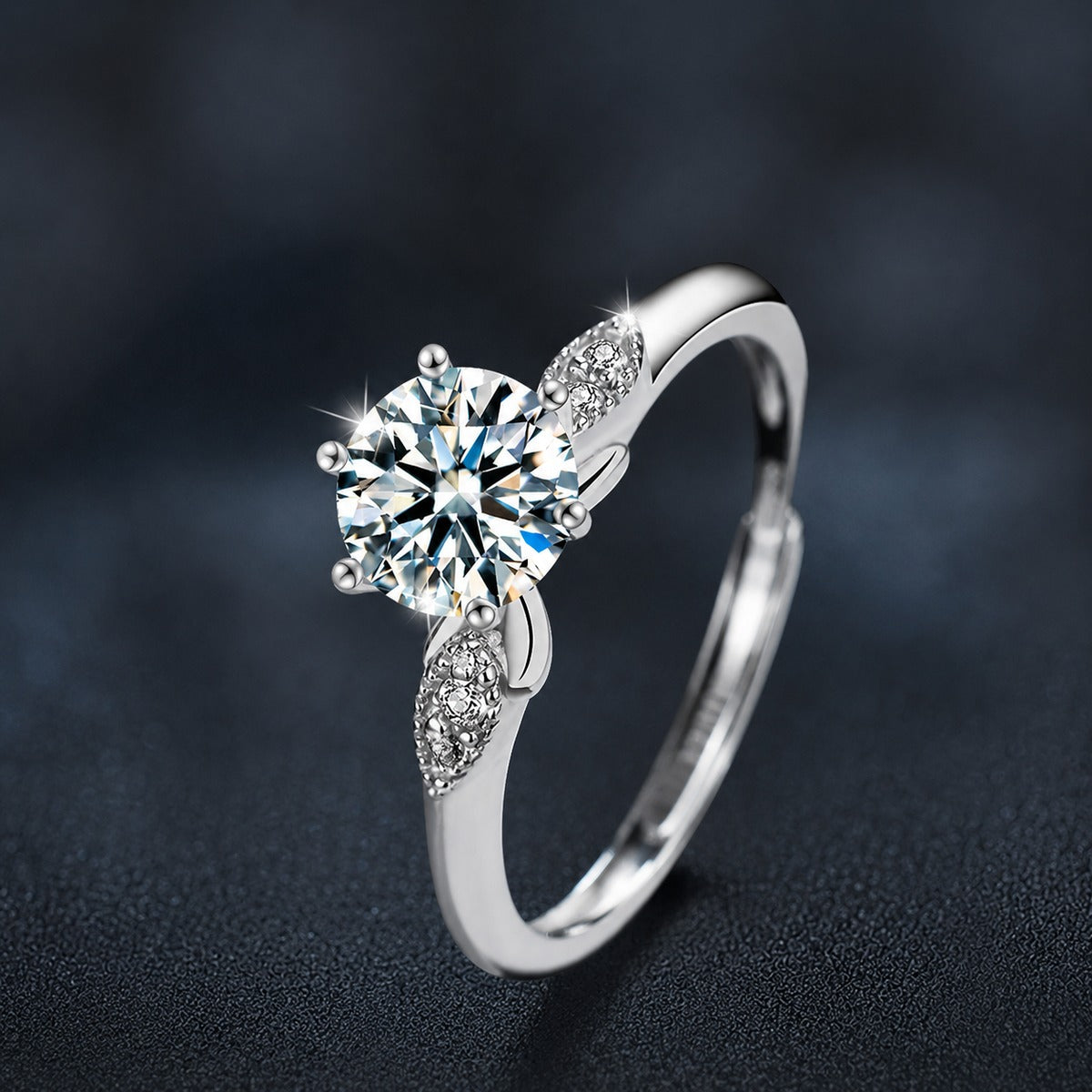 Six-Prong Round Moissanite Adjustable Engagement Ring with CZ close-up detail view with moissanite sparkle