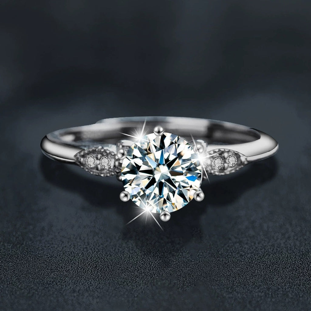 Six-Prong Round Moissanite Adjustable Engagement Ring with CZ close-up detail view with moissanite sparkle