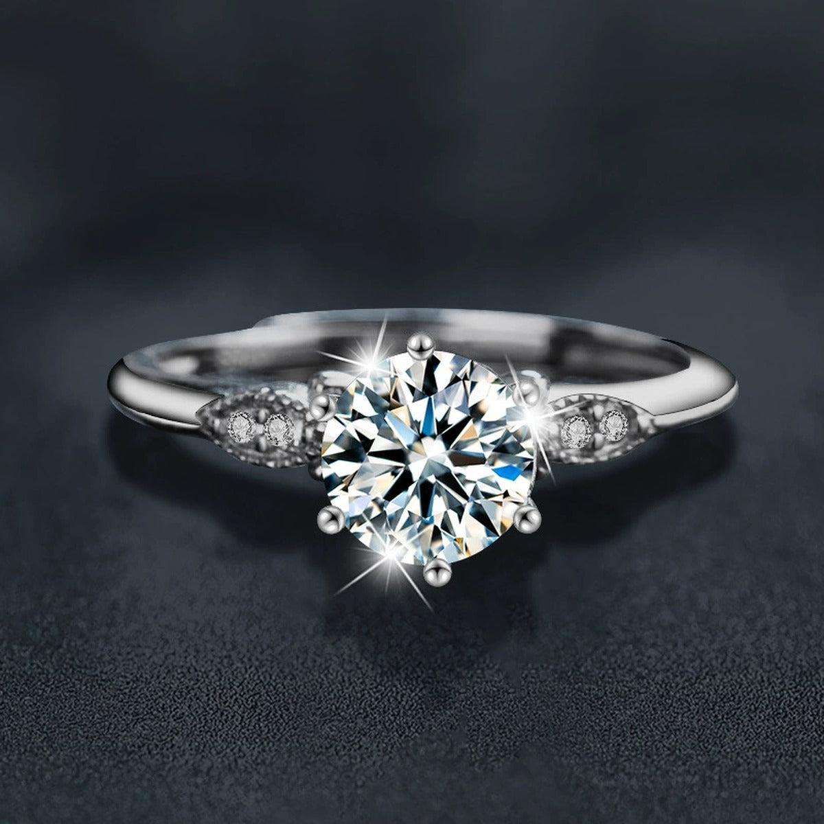 Six-Prong Round Moissanite Adjustable Engagement Ring with CZ close-up detail view with moissanite sparkle
