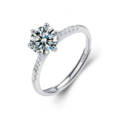 Six-Prong Round Moissanite Adjustable Engagement Ring with CZ in white gold-plated S925 sterling silver on clean white background