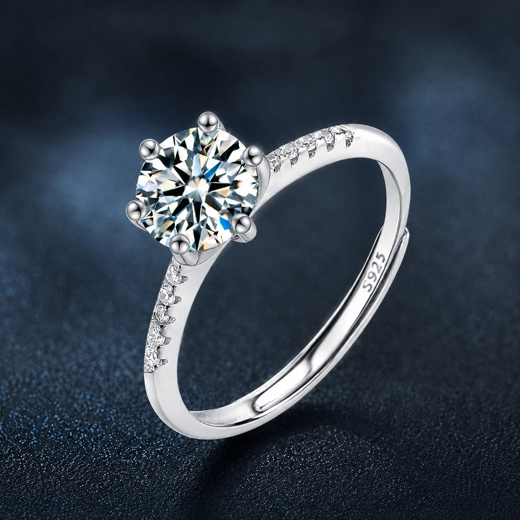 Six-Prong Round Moissanite Adjustable Engagement Ring with CZ close-up detail view with moissanite sparkle