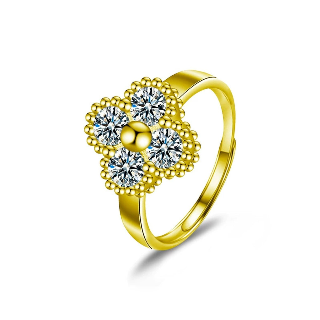 Four-Leaf Clover Round Moissanite Adjustable Fashion Ring in gold-plated S925 sterling silver on clean white background