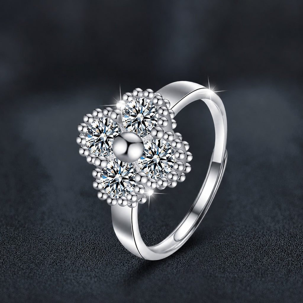 Four-Leaf Clover Round Moissanite Adjustable Fashion Ring close-up detail view with moissanite sparkle