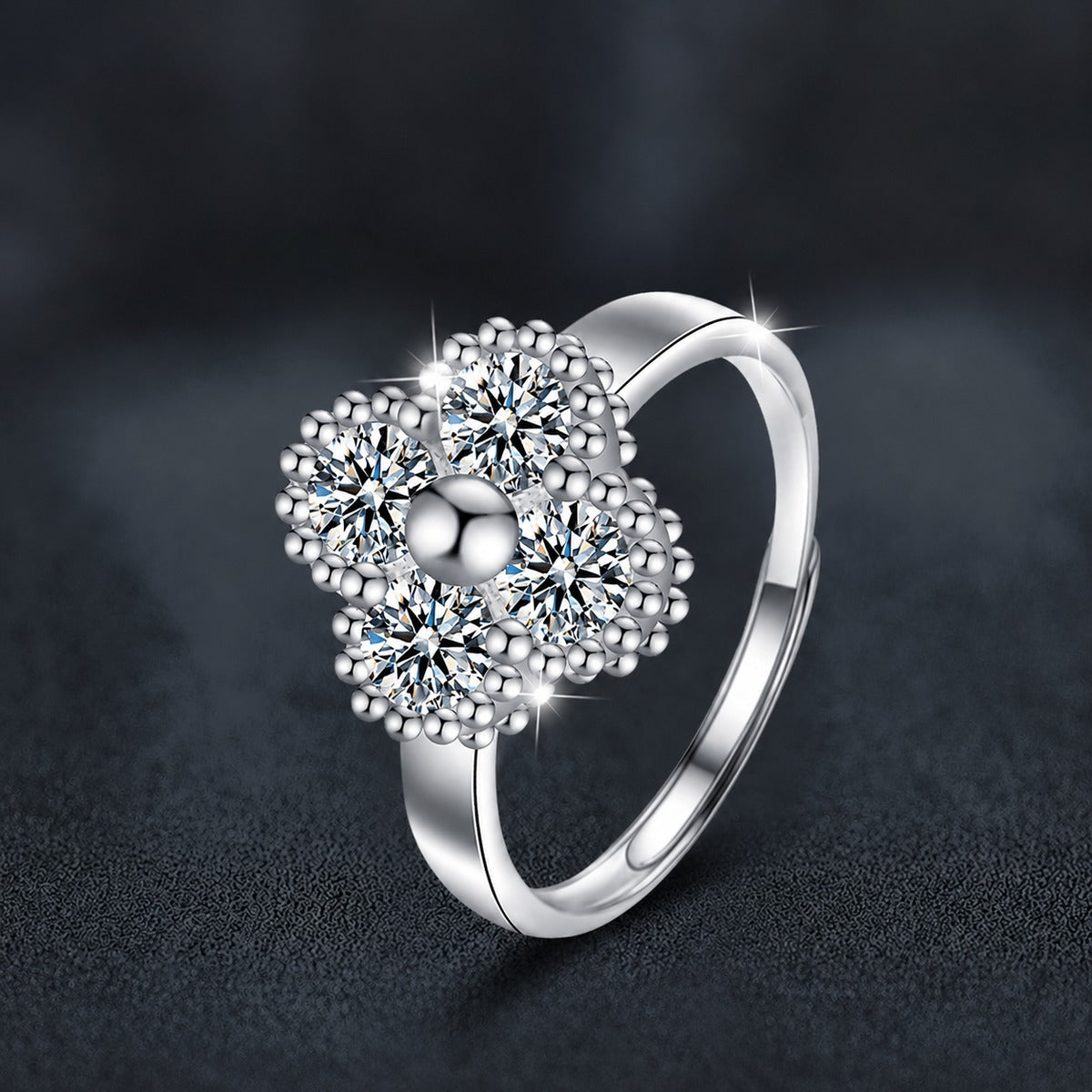 Four-Leaf Clover Round Moissanite Adjustable Fashion Ring close-up detail view with moissanite sparkle