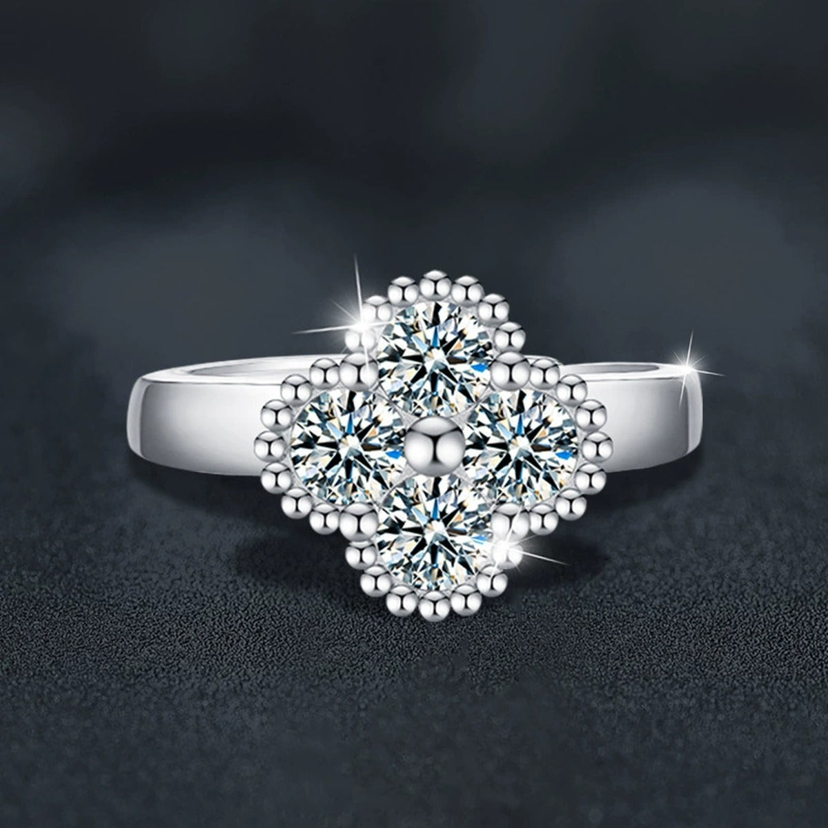 Four-Leaf Clover Round Moissanite Adjustable Fashion Ring close-up detail view with moissanite sparkle