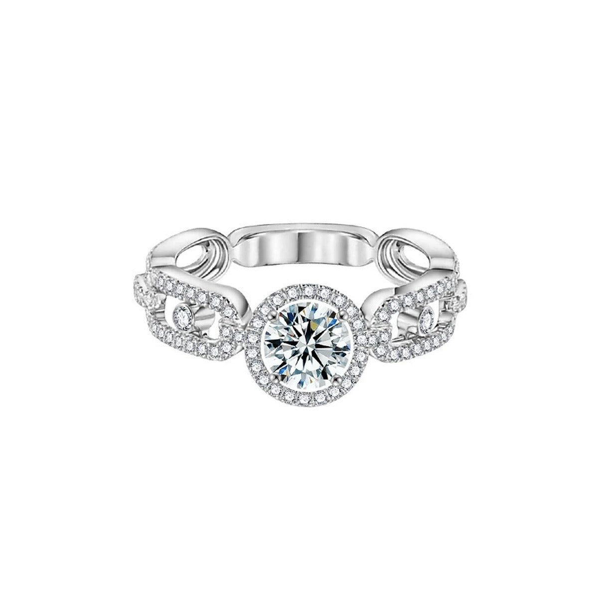Bezel Round Moissanite Wedding Band with CZ in white gold-plated S925 sterling silver on clean white background